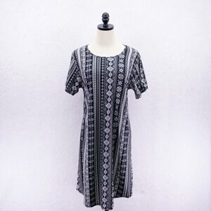 Bobbie Brooks -XL- Black White Tribal Geometric Print T-Shirt‎ Dress Polyester S